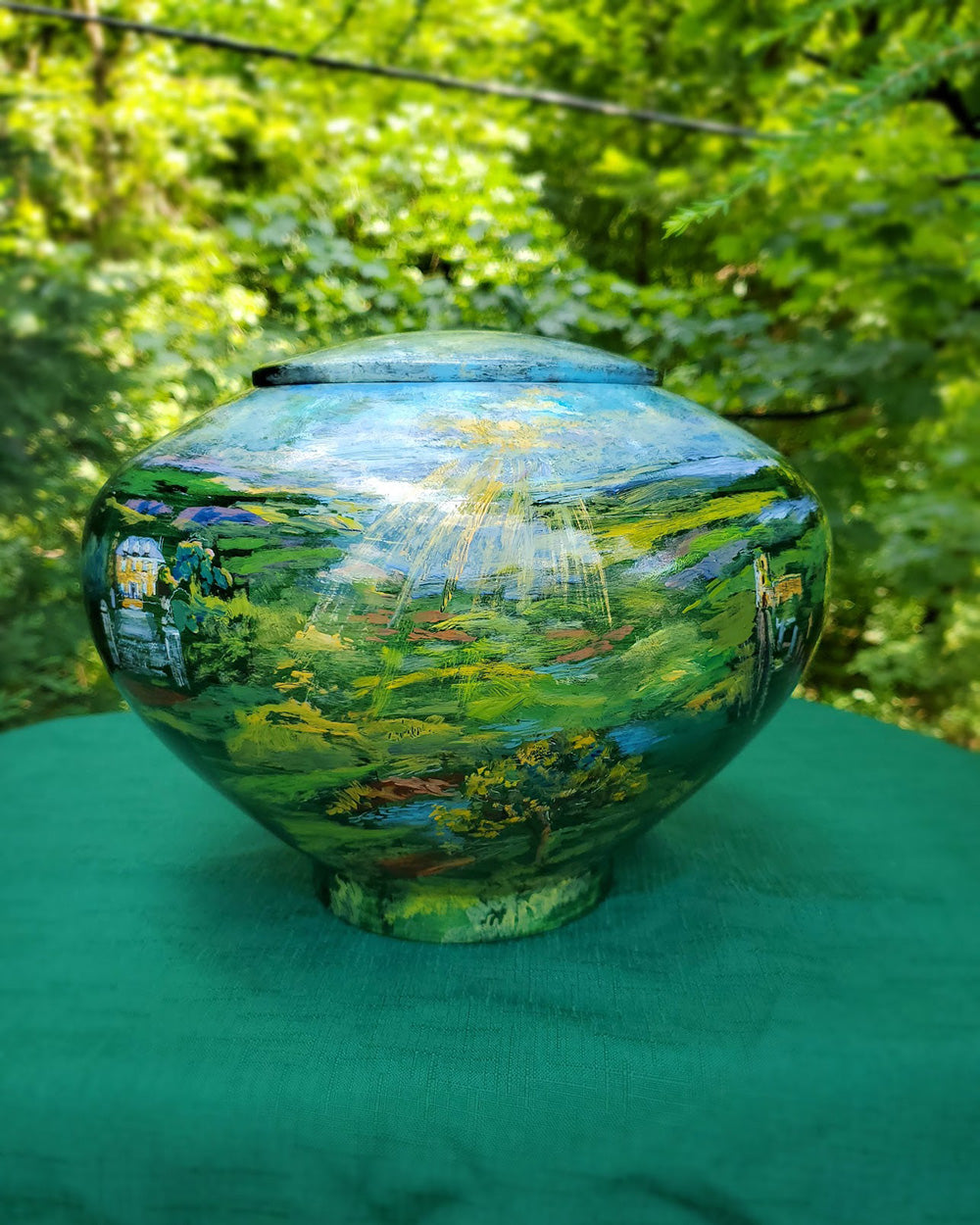 Hand-Painted Serene Landscape Custom Wooden Cremation Urn