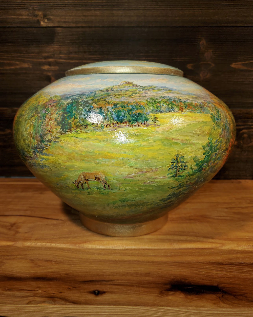 Hand-Painted Serene Landscape Custom Wooden Cremation Urn