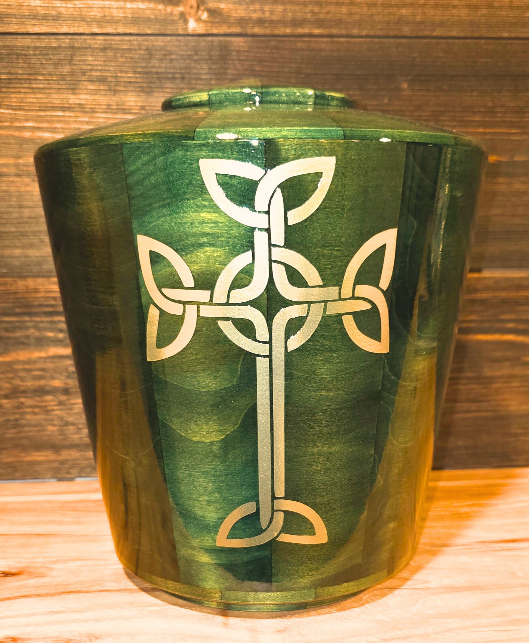 Green Irish Iona Cross Custom Wooden Cremation Urn