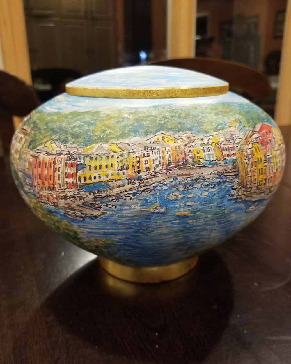 Hand-Painted Serene Landscape Custom Wooden Cremation Urn